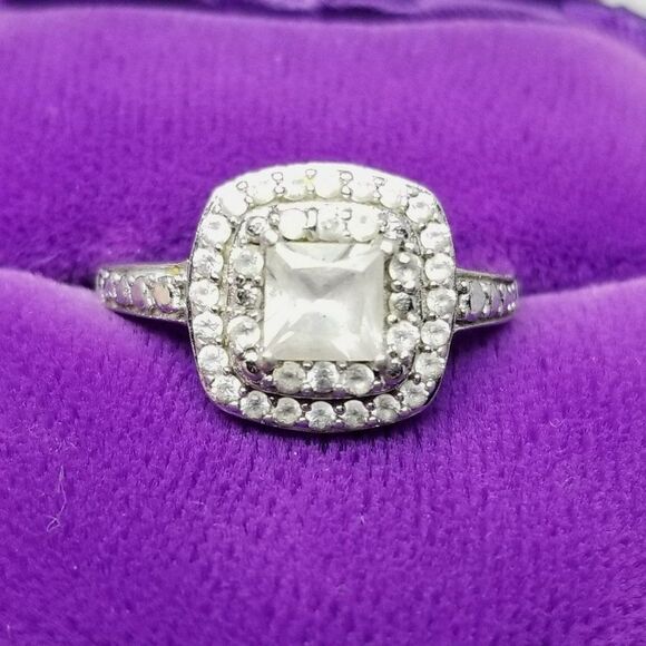 Vintager Sterling Silver Princess Cut Square Rhinestone Double Halo Ring,  6 1/2 - Picture 1 of 8